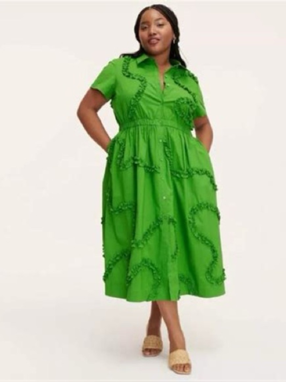 Kate Spade Green Ruffle-Trim Shirt Midi Dress